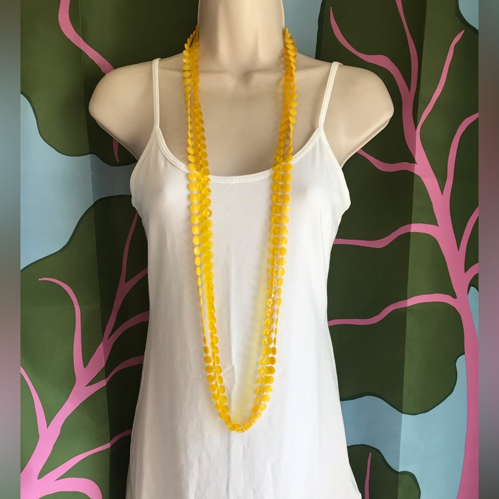 Vintage Yellow Faceted Disc Beads Three Strand Long Necklace